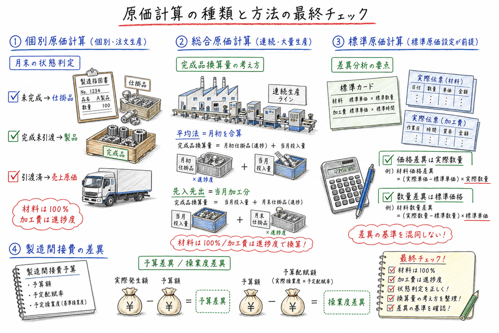 原価計算の種類と方法を個別・総合・標準の3本柱として整理するまとめ図解