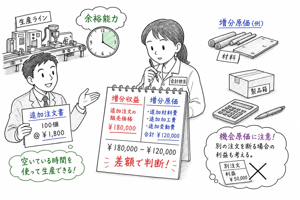 追加受注を増分収益と増分原価で判断し機会原価にも注意する図解