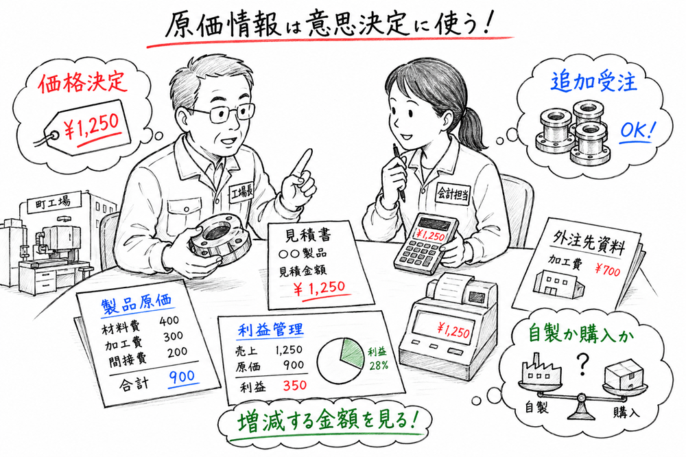 原価情報を価格決定、利益管理、追加受注、自製か購入かの判断に使う場面の図解