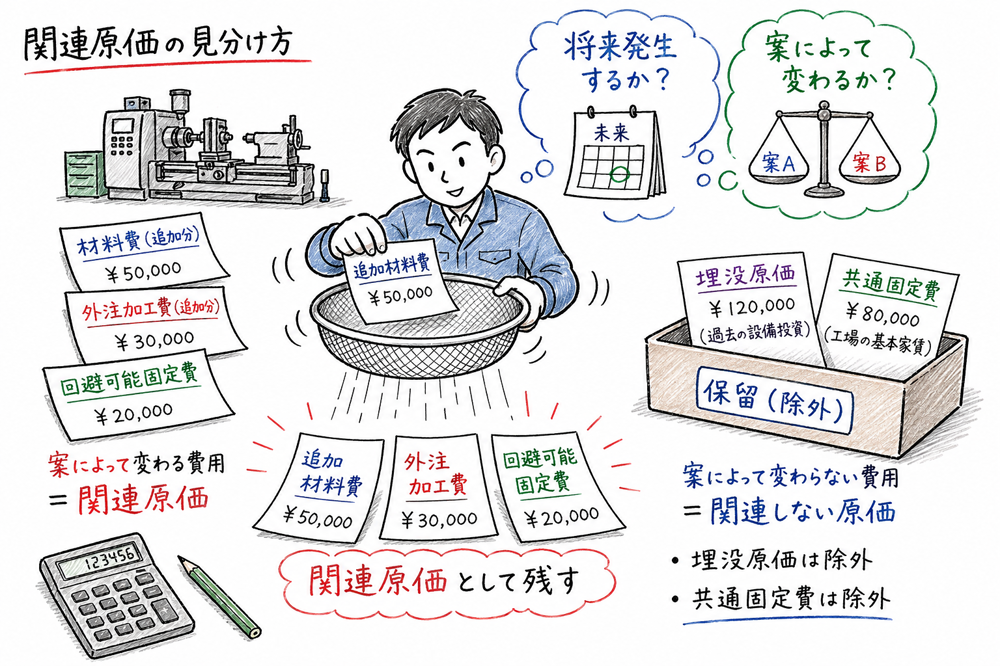 将来発生し案によって変わる原価だけを関連原価として残す見分け方の図解