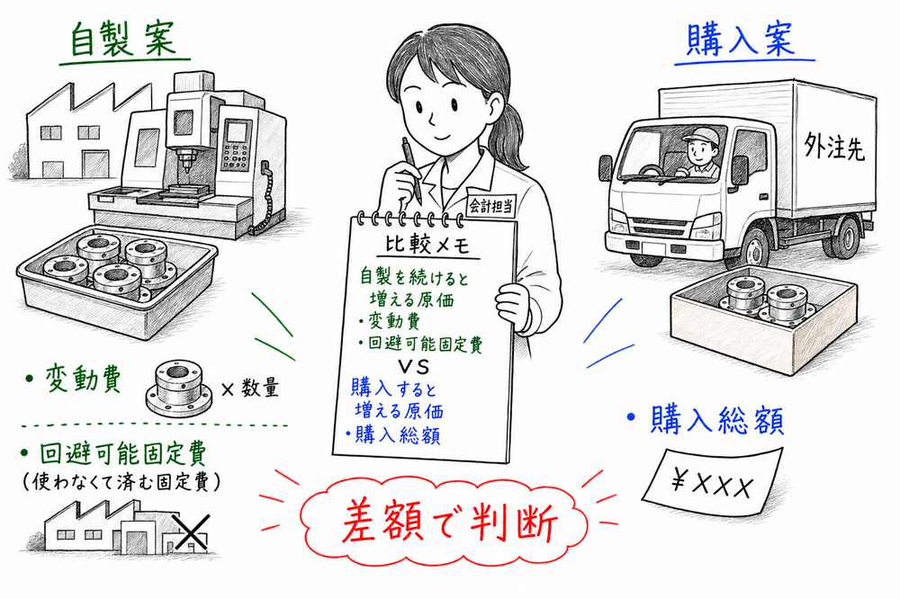 自製案と購入案を全部原価ではなく差額原価で比較する図解