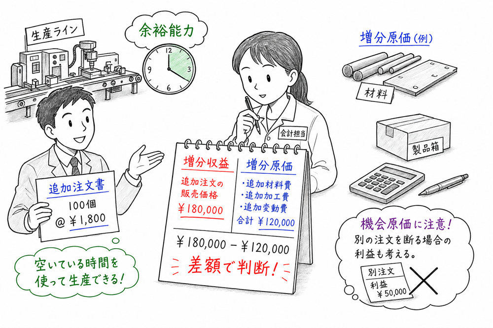 追加受注を増分収益と増分原価で判断し機会原価にも注意する図解