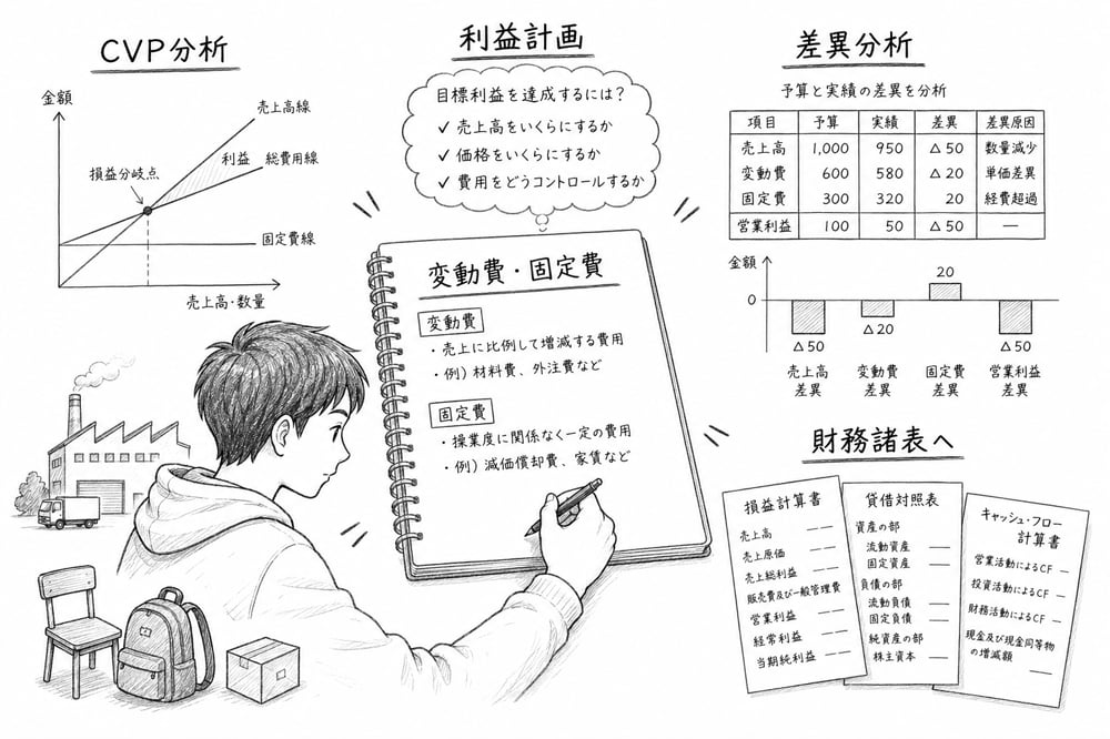 原価計算がCVP分析、利益計画、差異分析、財務諸表理解へつながる図解