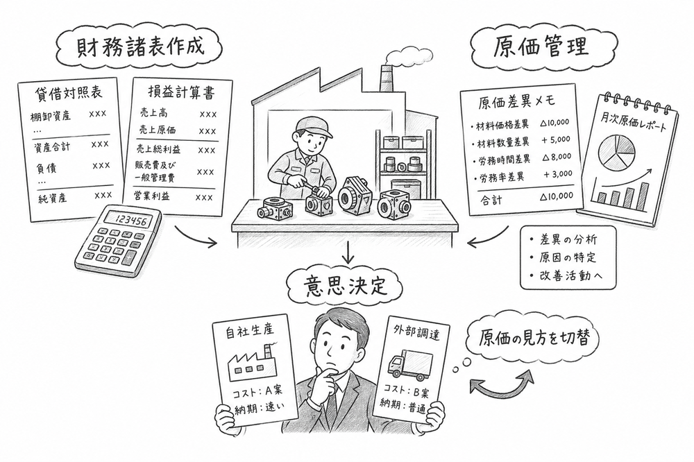 原価計算の目的を財務諸表作成、原価管理、意思決定に分けて整理する図解
