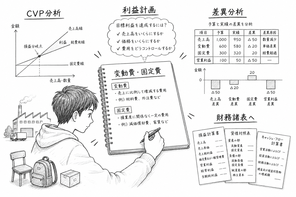原価計算がCVP分析、利益計画、差異分析、財務諸表理解へつながる図解