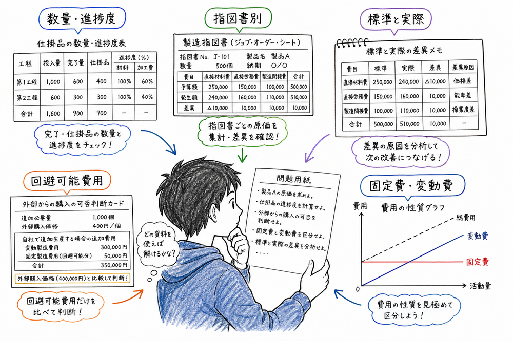 原価計算の問題文を数量、指図書、標準と実際、回避可能費用、固定費と変動費で振り分ける図解