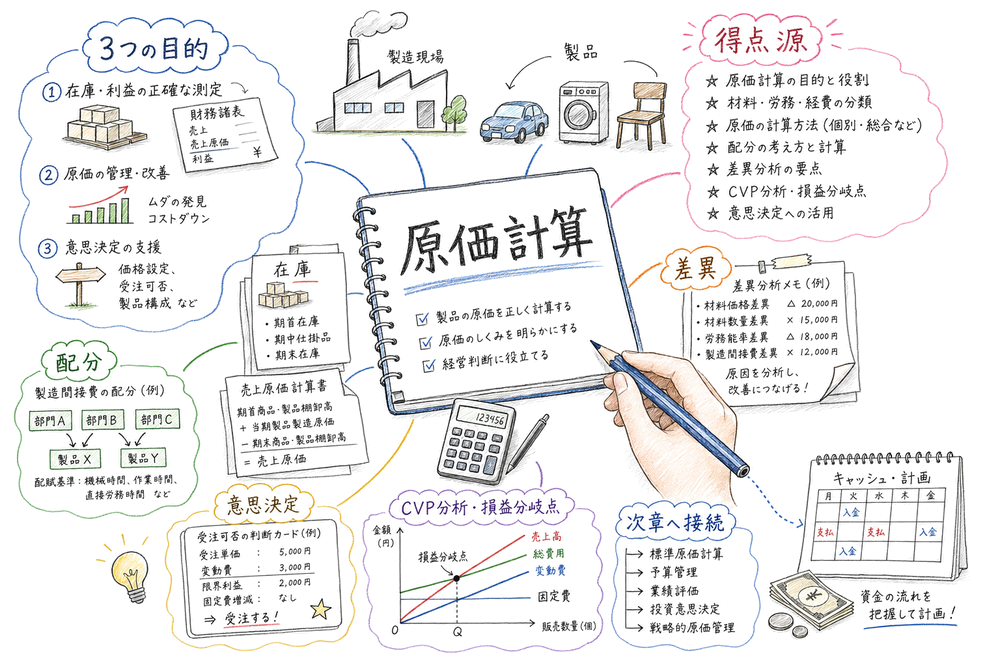 原価計算を3つの目的、得点源、配分、差異、意思決定、次章への接続として整理するまとめ図解