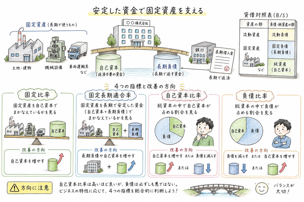 固定比率・固定長期適合率・自己資本比率・負債比率の改善方向を整理する図解
