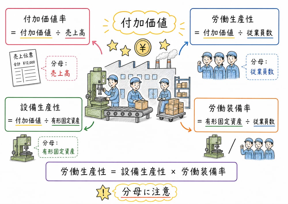 付加価値を中心に労働生産性・設備生産性・労働装備率を読む図解