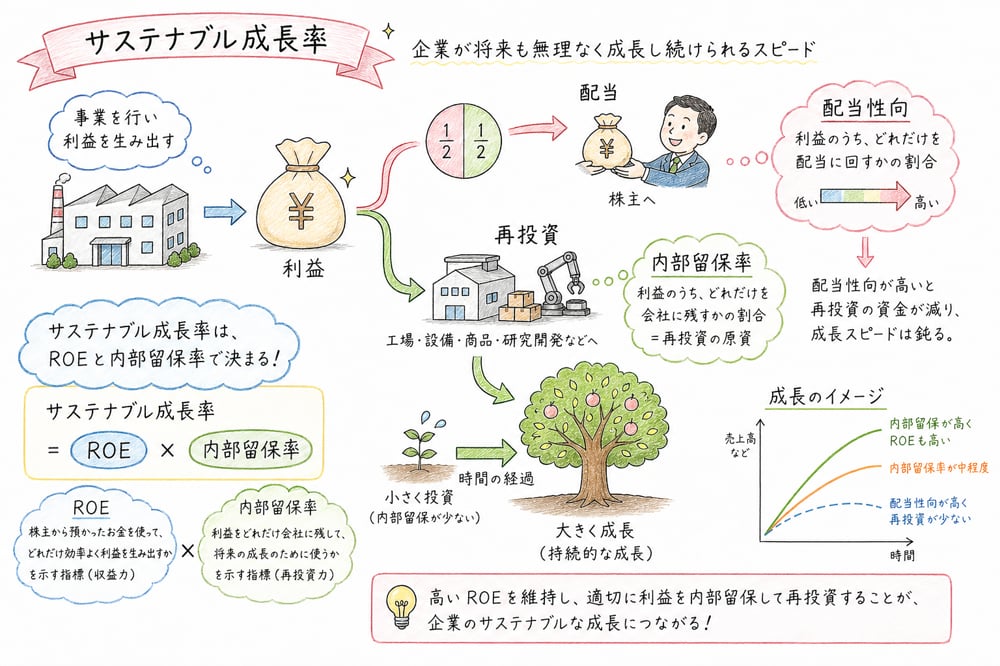 ROEと内部留保率からサステナブル成長率を読む図解