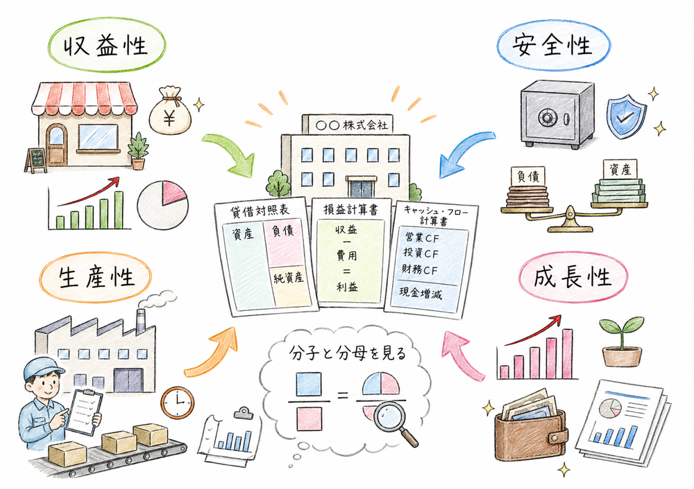 経営比率分析を収益性・安全性・生産性・成長性の4視点で読む図解