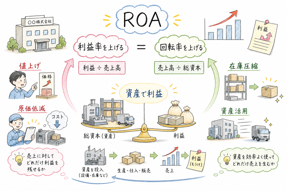 ROAを利益率と総資本回転率に分けて改善方向を考える図解