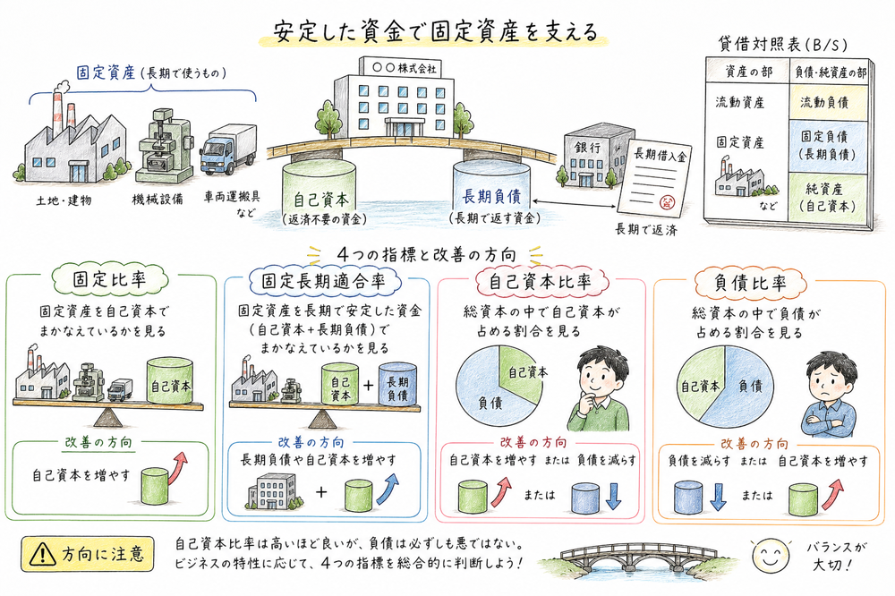 固定比率・固定長期適合率・自己資本比率・負債比率の改善方向を整理する図解
