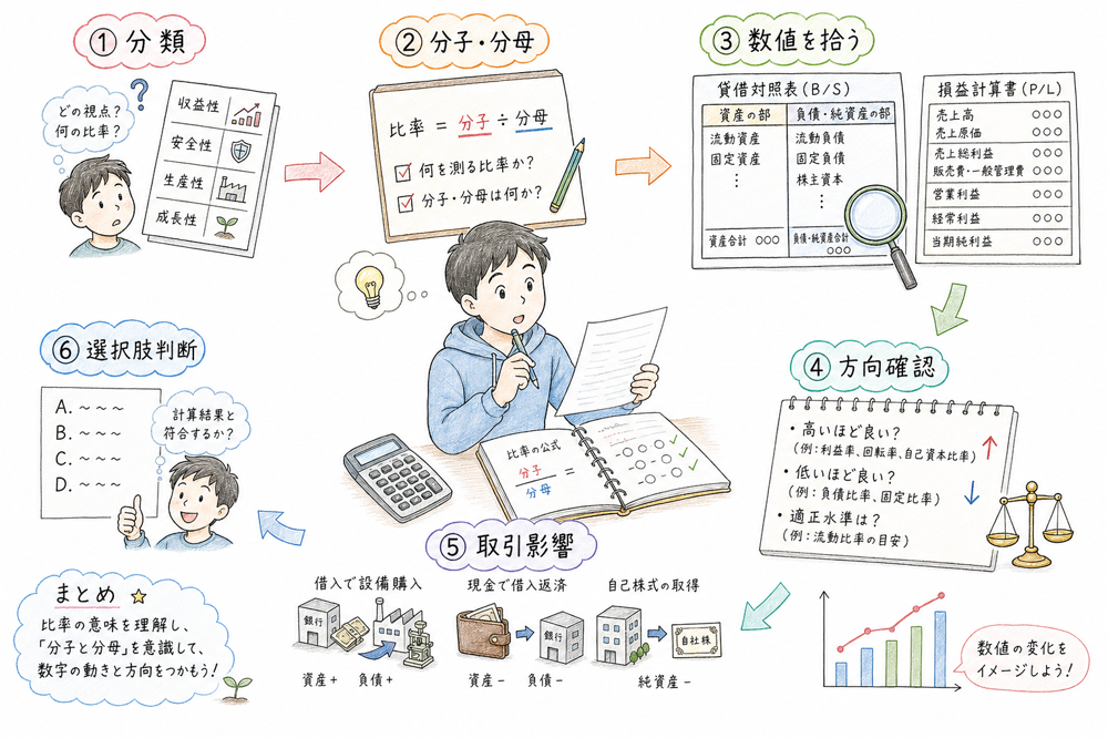 経営比率問題を分類・分子分母・数値・方向・取引影響・選択肢判断の順に解く図解