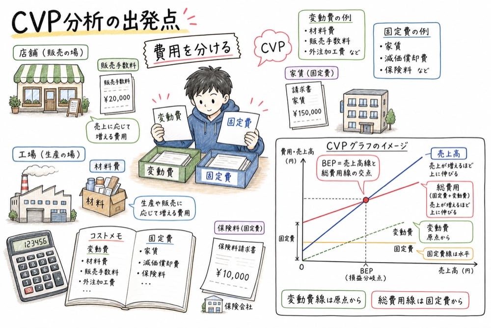 CVP分析で変動費と固定費を分け、売上高、費用、利益の関係を見ることを示す図解