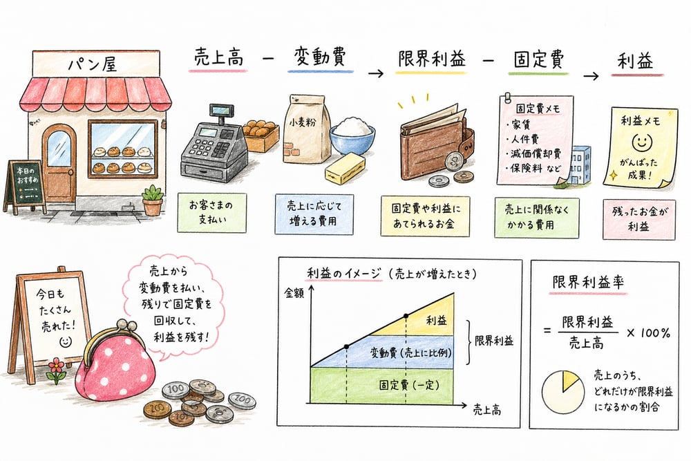 売上高から変動費を引いた限界利益で固定費を回収し、残りが利益になることを示す図解