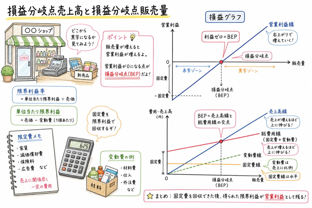 損益分岐点売上高と損益分岐点販売量を、固定費と限界利益率から求めることを示す図解