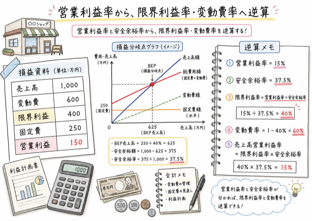 売上高営業利益率、限界利益率、安全余裕率の関係から変動費率を逆算する流れを示す図解