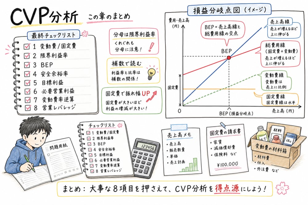 CVP分析の問題で変動費と固定費、限界利益率、BEP、安全余裕率、目標利益、必要営業利益、営業レバレッジを順に確認する図解