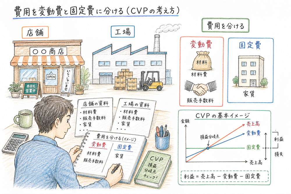 CVP分析で変動費と固定費を分け、売上高、費用、利益の関係を見ることを示す図解