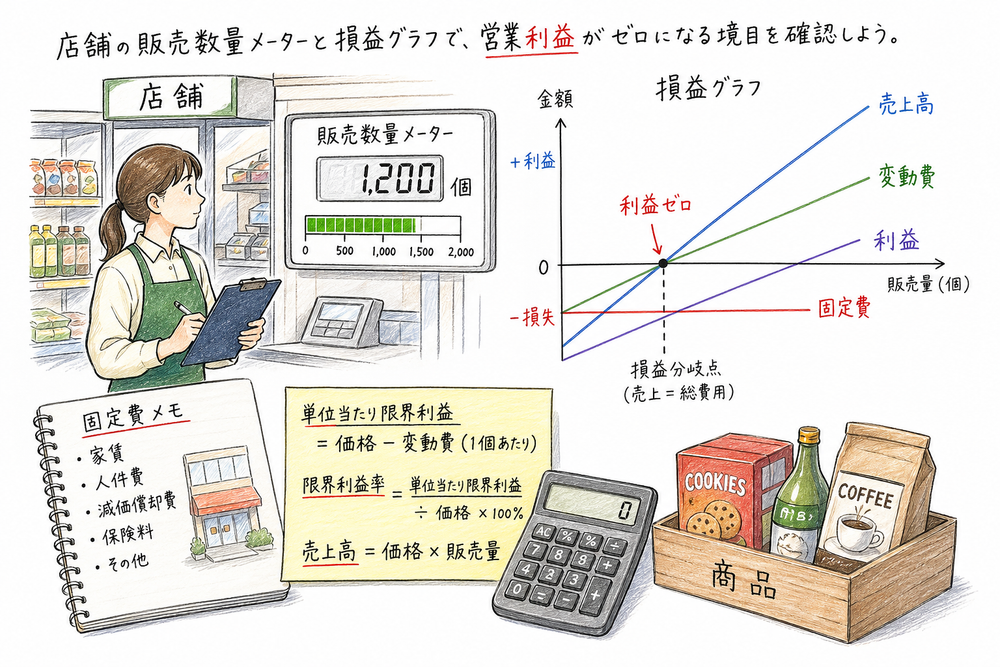損益分岐点売上高と損益分岐点販売量を、固定費と限界利益率から求めることを示す図解