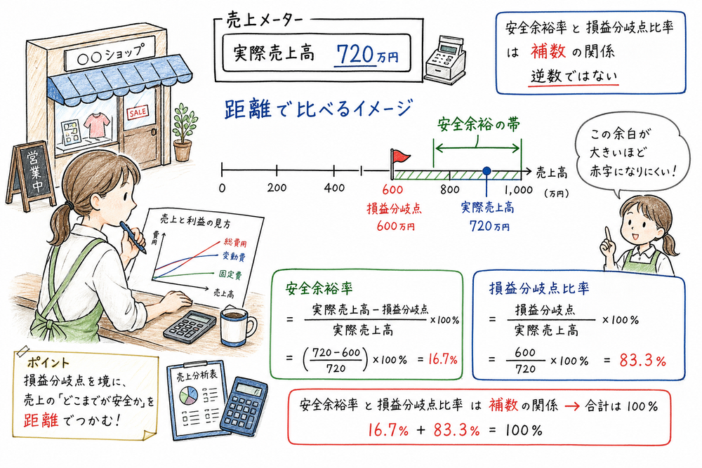 実際売上高と損益分岐点売上高の差を安全余裕率として読み、損益分岐点比率と補数関係にあることを示す図解