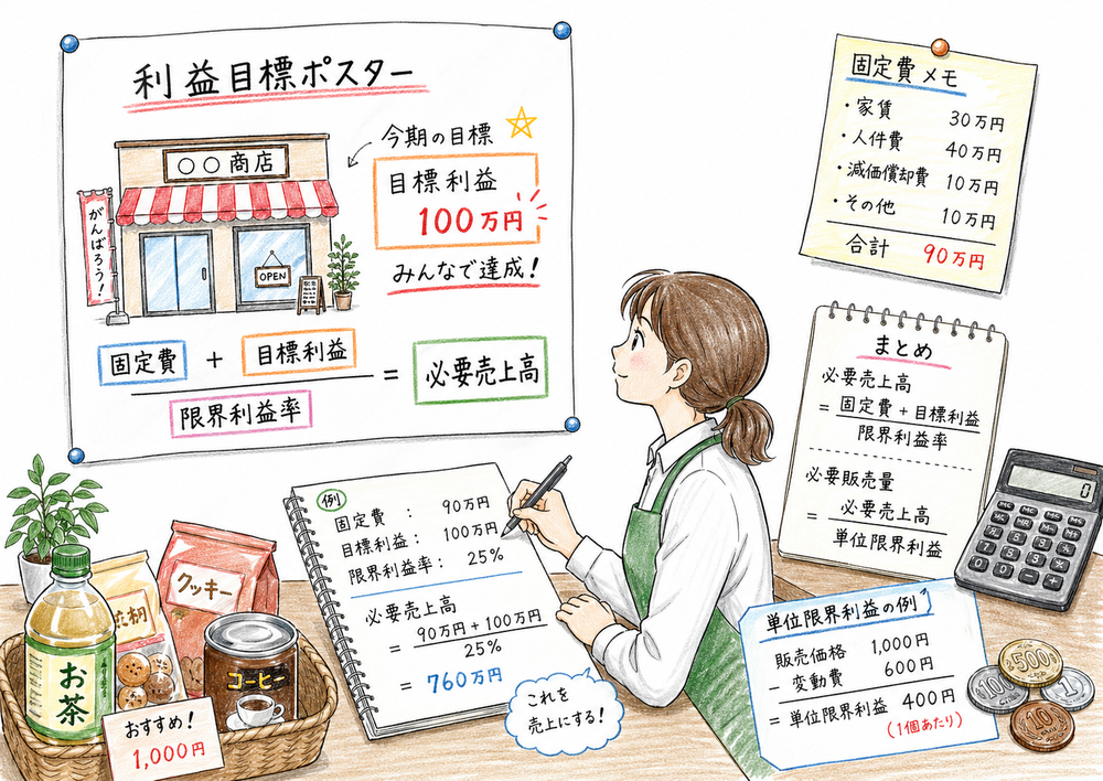 固定費に目標利益を加えて限界利益率または単位当たり限界利益で割ることを示す図解