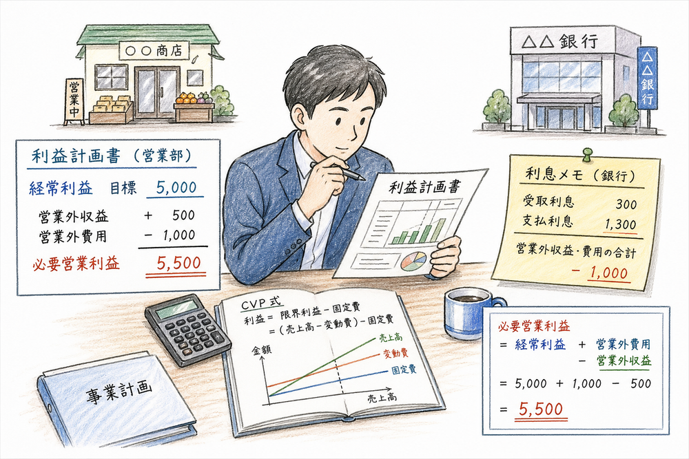 目標経常利益から営業外収益と営業外費用を調整し、必要営業利益としてCVP式へ入れることを示す図解