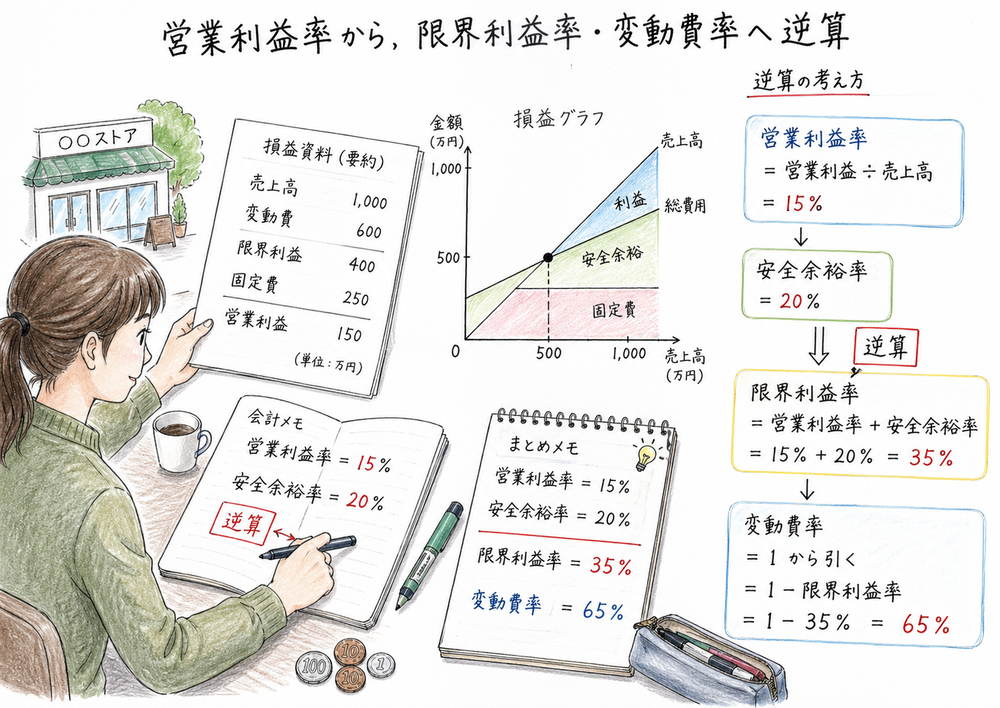 売上高営業利益率、限界利益率、安全余裕率の関係から変動費率を逆算する流れを示す図解