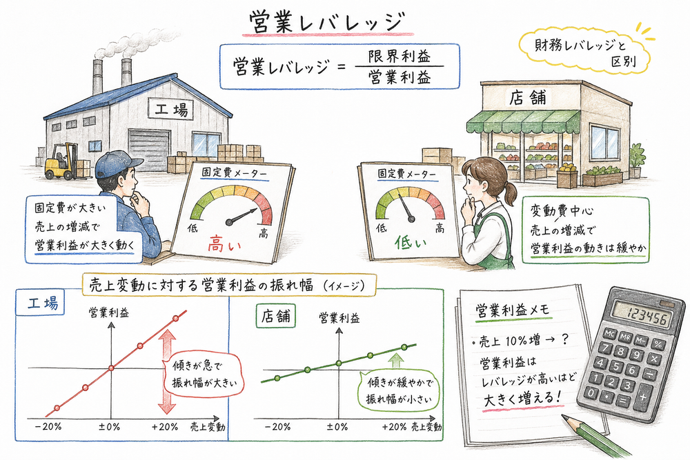 固定費比率が高いほど営業利益が売上変動に大きく反応しやすいことを示す図解