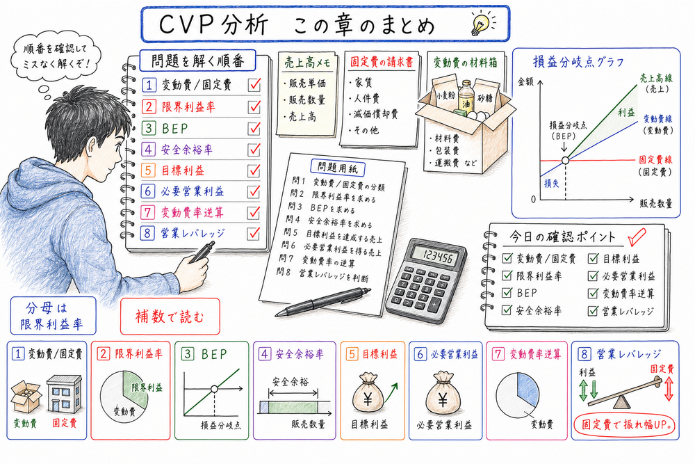 CVP分析の問題で変動費と固定費、限界利益率、BEP、安全余裕率、目標利益、必要営業利益、営業レバレッジを順に確認する図解