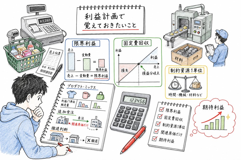 利益計画で覚えておきたい限界利益、固定費回収、制約資源、関連原価、期待利益の判断軸の図解