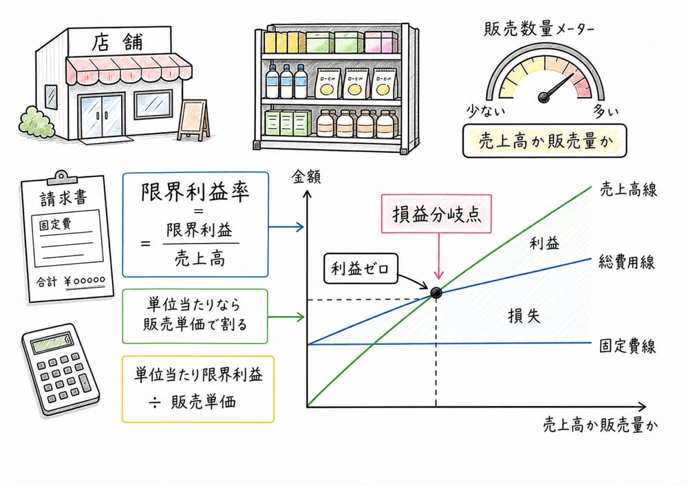 固定費を限界利益で回収し切る損益分岐点を売上高または販売量で読む図解
