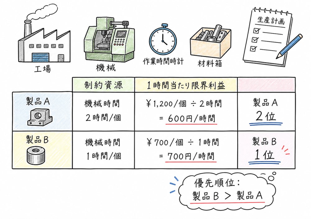 機械時間などの制約資源1単位当たり限界利益で製品の優先順位を決める図解