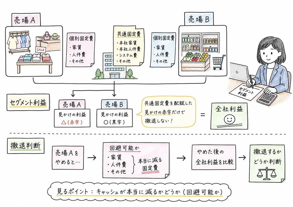 セグメント利益、個別固定費、共通固定費を分けて撤退判断を行う図解
