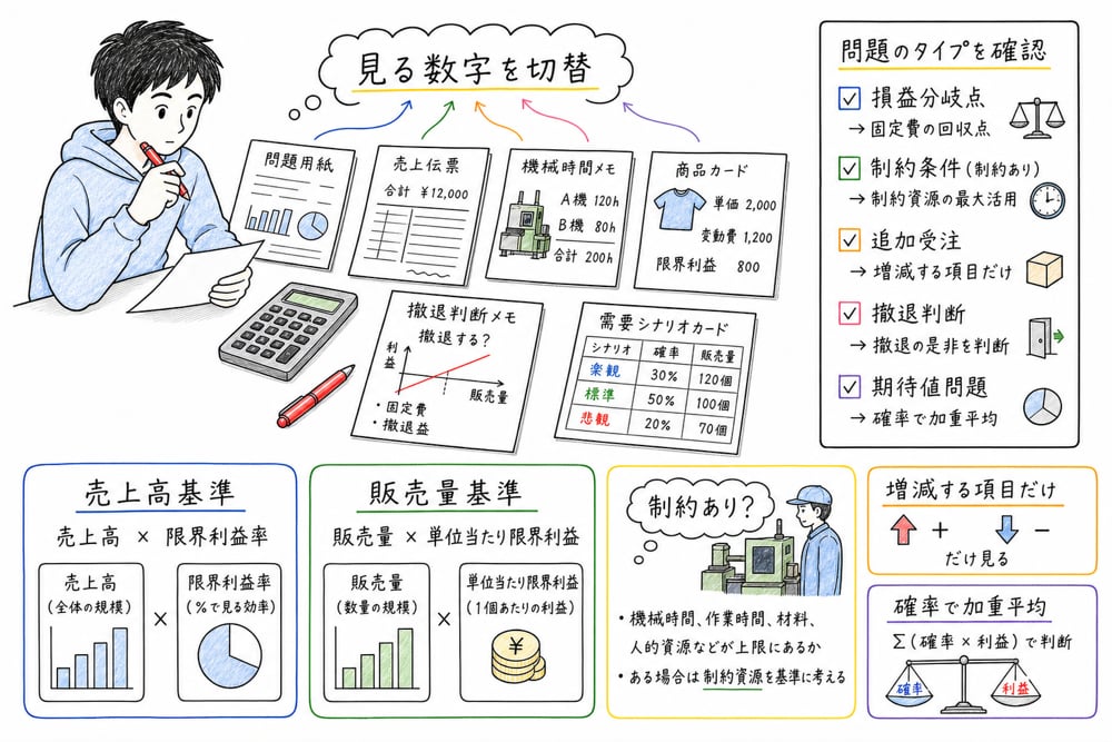 利益計画の問題タイプごとに見る数字を切り替える判断軸の図解