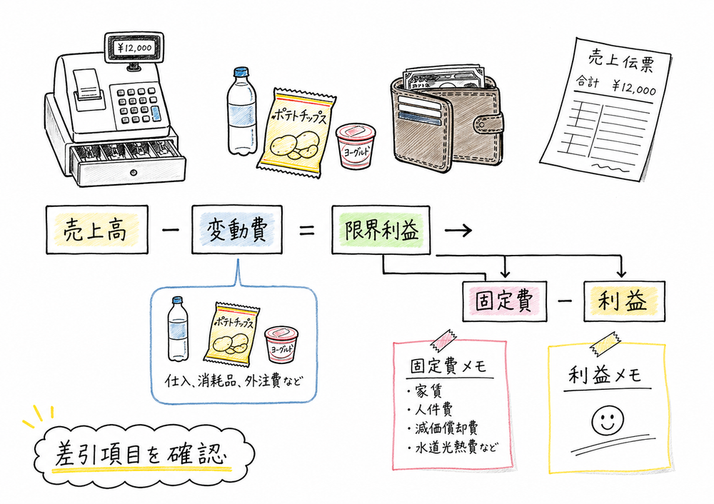 売上高から変動費を差し引いた限界利益で固定費を回収し、利益を残す図解