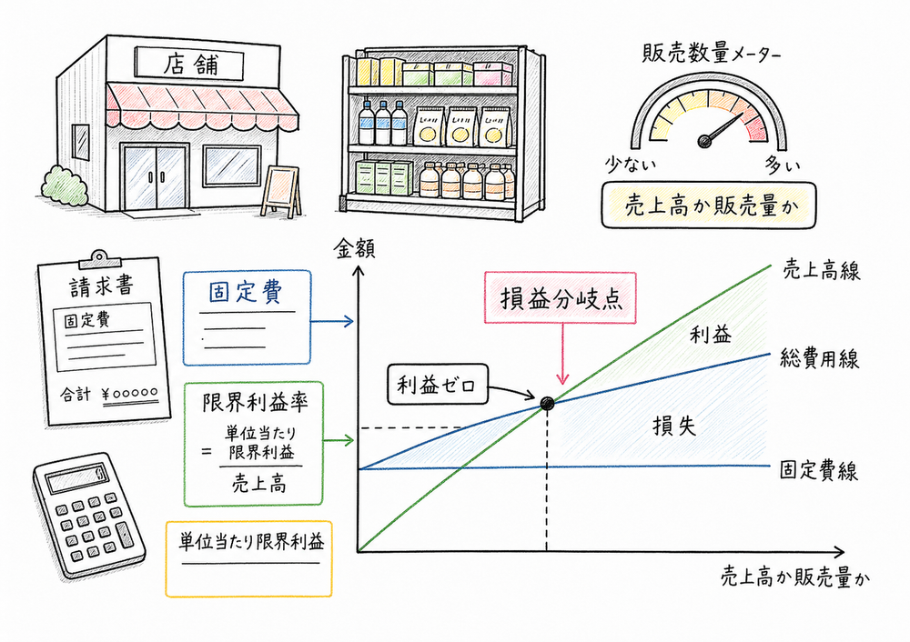 固定費を限界利益で回収し切る損益分岐点を売上高または販売量で読む図解