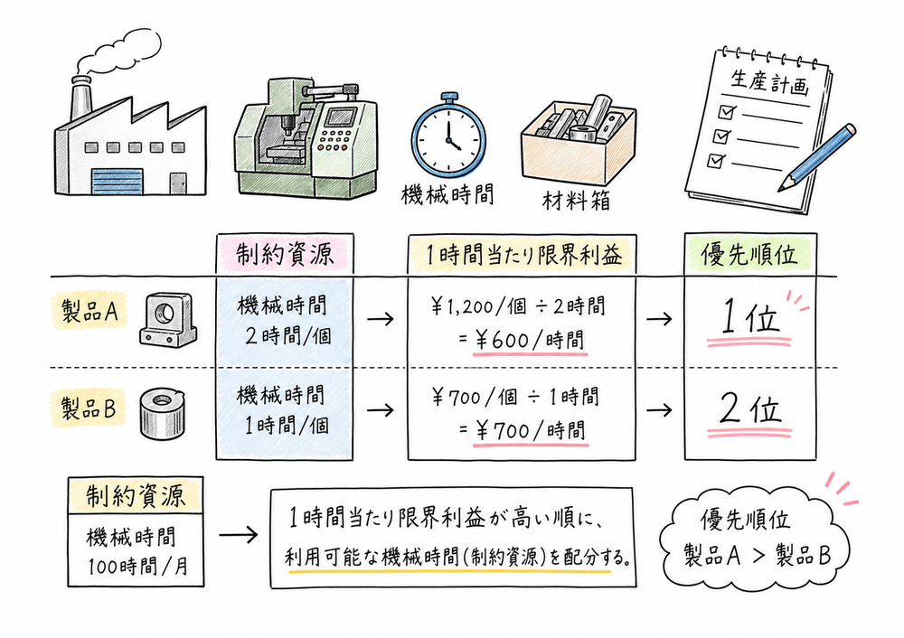 機械時間などの制約資源1単位当たり限界利益で製品の優先順位を決める図解