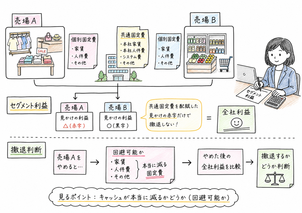 セグメント利益、個別固定費、共通固定費を分けて撤退判断を行う図解