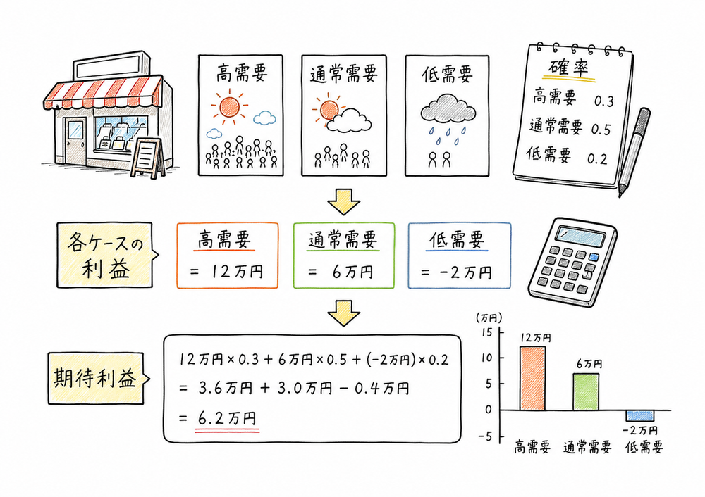 高需要、通常需要、低需要の各ケースの利益を確率で加重平均して期待利益を求める図解