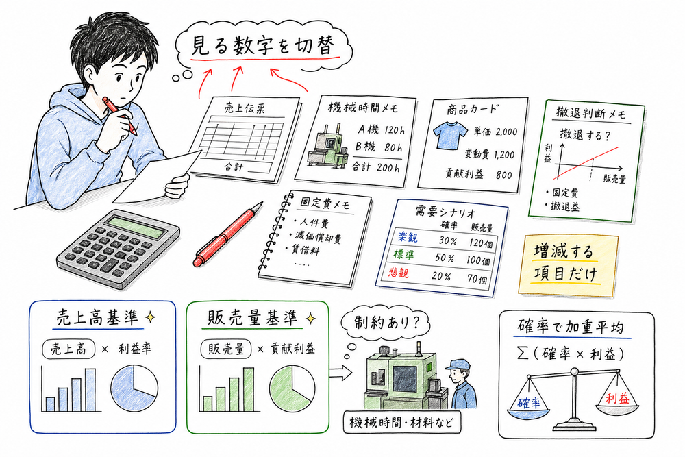 利益計画の問題タイプごとに見る数字を切り替える判断軸の図解