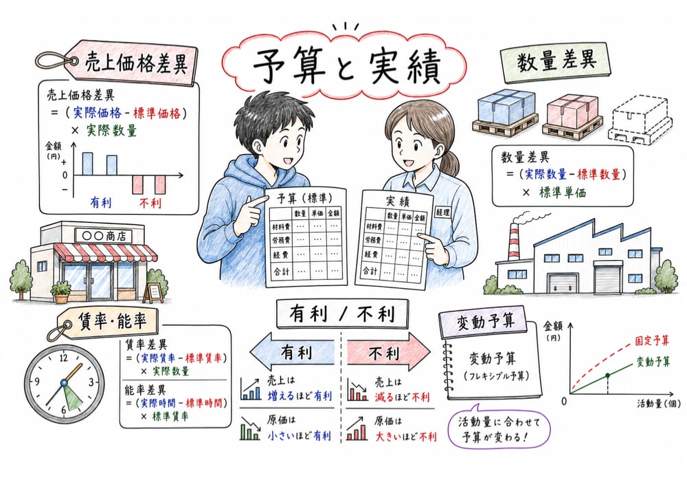 予算と実績の差を価格差異、数量差異、有利不利、変動予算の視点で整理する図解