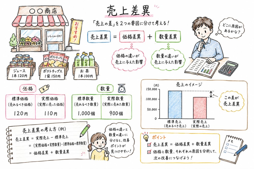 売上差異を販売価格の違いと販売数量の違いへ分けて見ることを示す図解