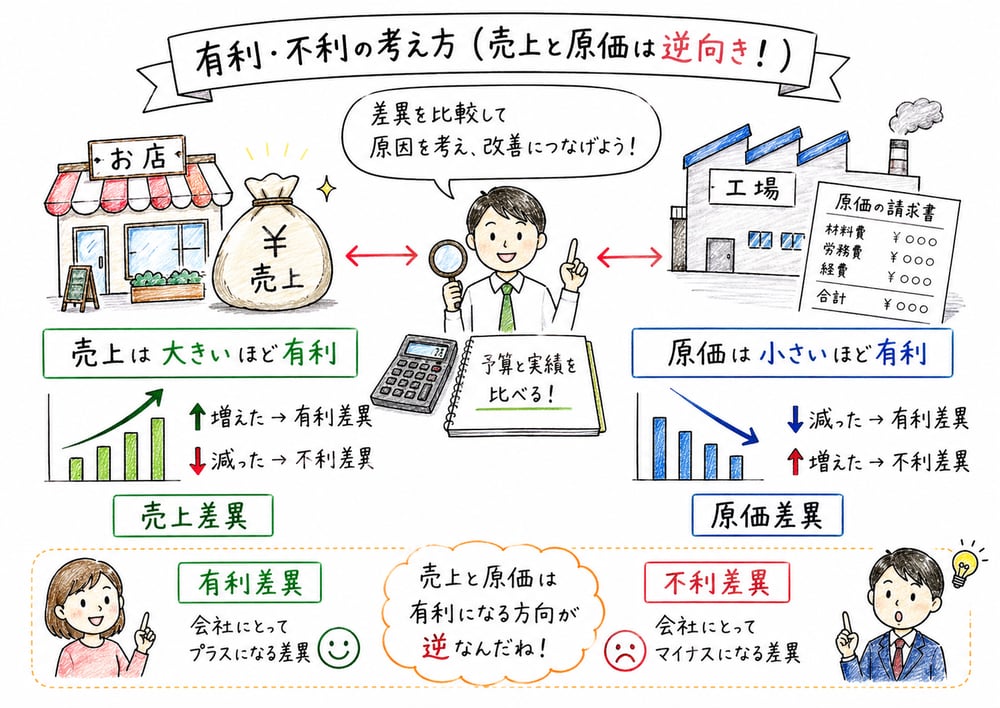 売上は実績が大きいほど有利、原価は実績が小さいほど有利になることを示す図解