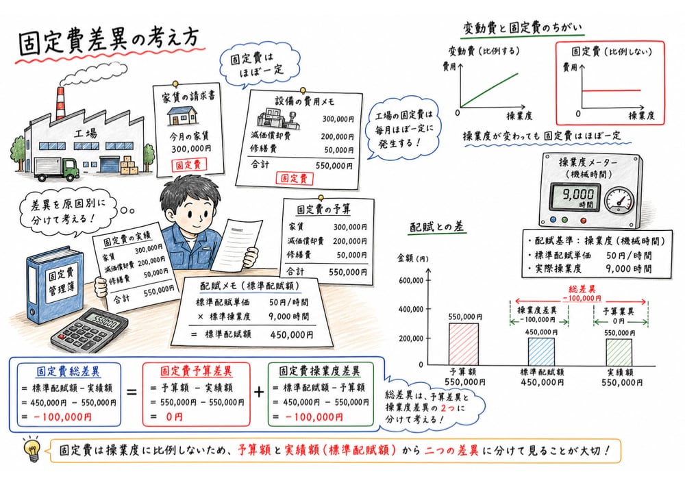 固定費差異を予算額、実績額、標準配賦額の違いとして読み、操業度差も確認することを示す図解