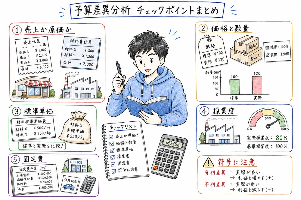 予算差異分析の最後に売上原価、価格数量、標準単価、操業度、固定費を確認する図解
