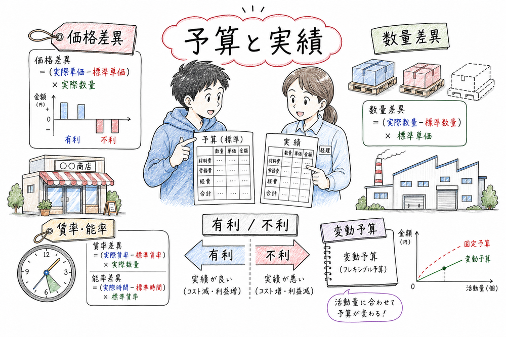 予算と実績の差を価格差異、数量差異、有利不利、変動予算の視点で整理する図解