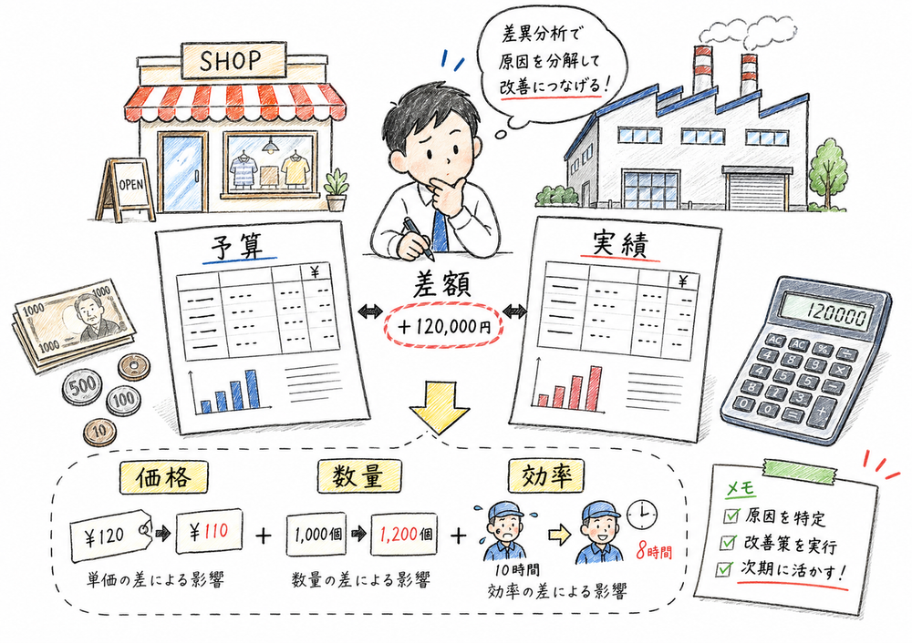 予算と実績の差を価格、数量、効率などの原因へ分けて改善につなげることを示す図解