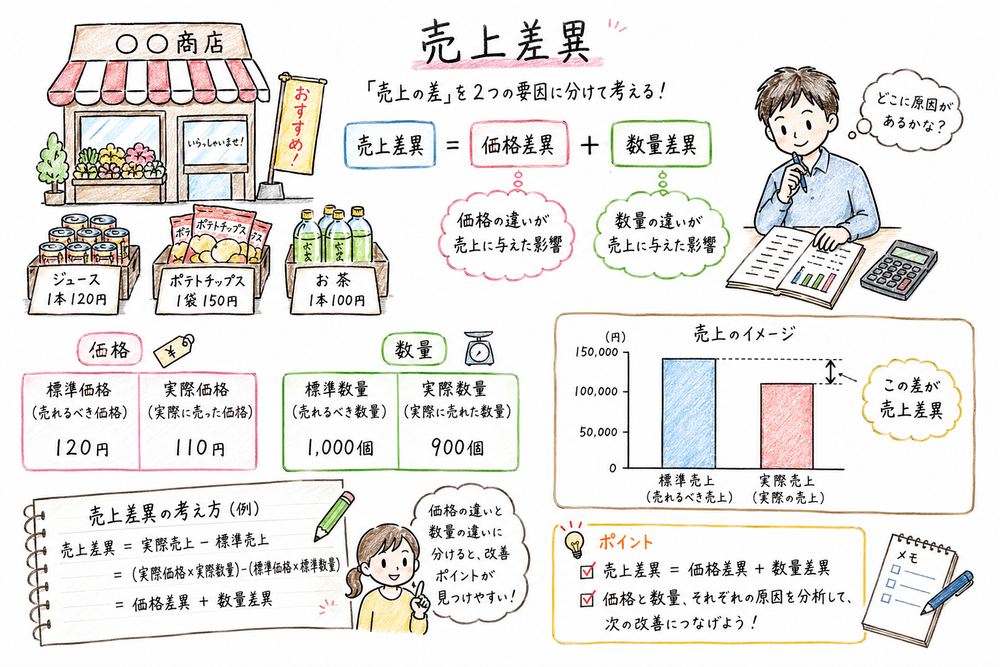 売上差異を販売価格の違いと販売数量の違いへ分けて見ることを示す図解